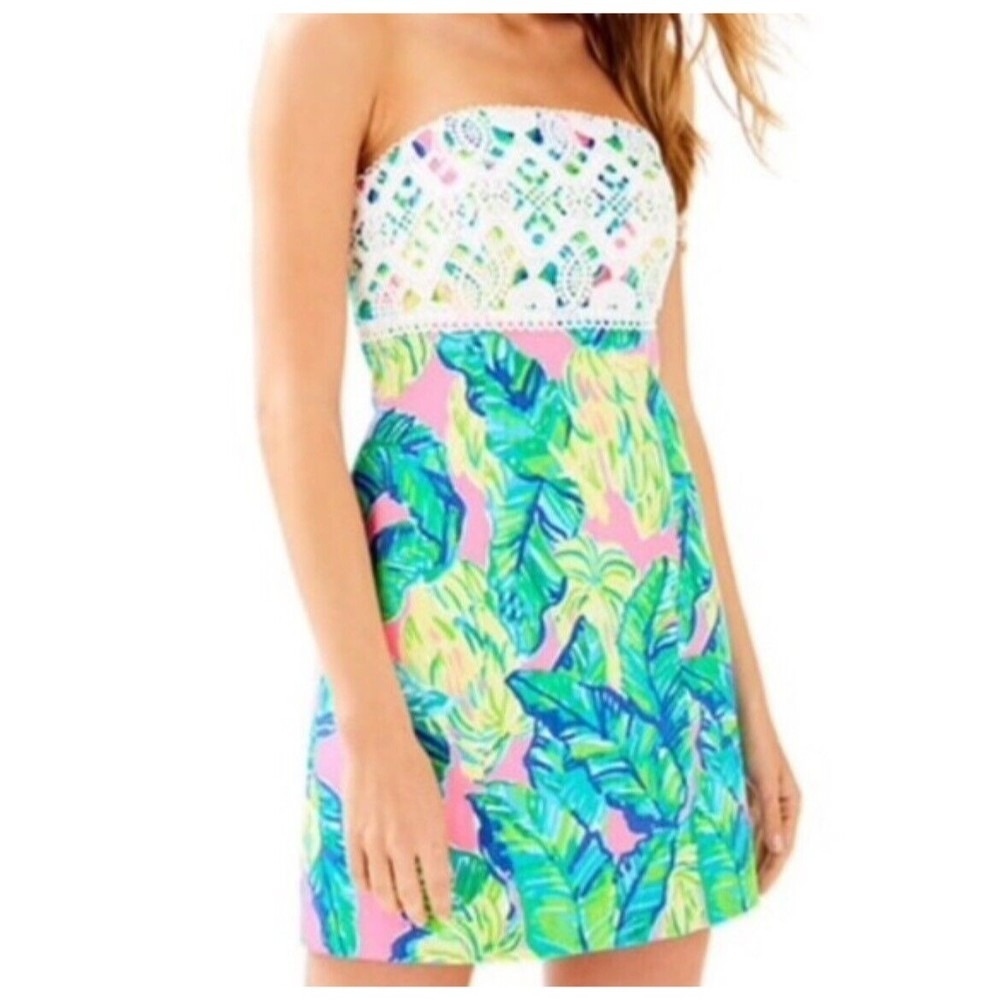 $228 NWT LILLY PULITZER Sz6‎ BRYNN LACE DETAIL STRAPLESS DRESS PINK SUNSET PRINT - Picture 1 of 11